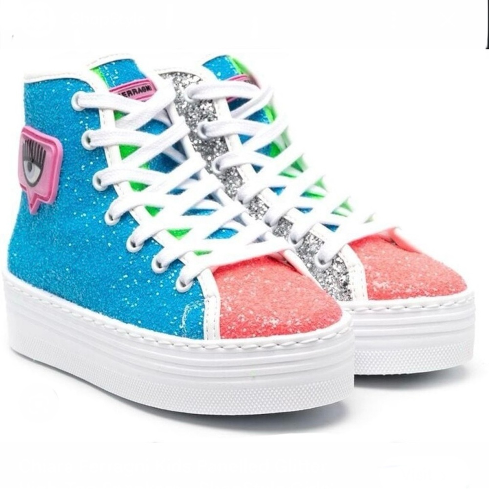 Chiara Ferragni Paneled Glitter Hightop Kids Sneakers Blue, Pink, Silver Size 31